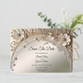 Moderne Witte Bloemen Parels Save The Date (Staand voorkant)