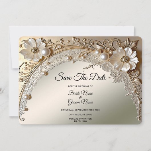 Moderne Witte Bloemen Parels Save The Date (Voorkant)