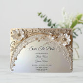 Moderne Witte Bloemen Parels Save The Date (Staand voorkant)