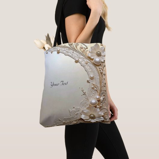 Moderne Witte Bloemen Parels Tote Tas (Dichtbij)