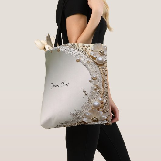 Moderne Witte Bloemen Parels Tote Tas (Dichtbij)