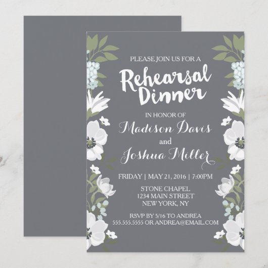 Moderne Witte Bloemen Repetitie Diner Uitnodiging (Voorkant / Achterkant)