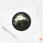 Moderne Witte Bloemen Zwart Goud Lijst Bruiloft Ronde Sticker (Envelop)