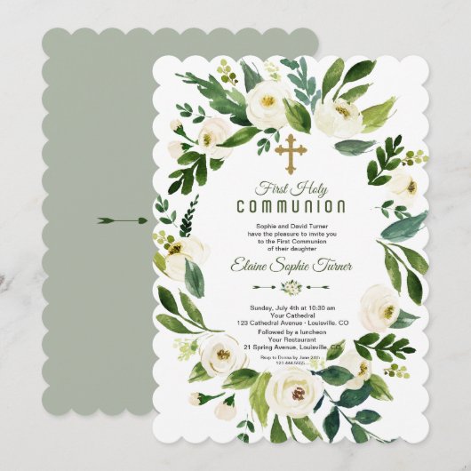 Moderne witte bloemenkrans Eerste Heilige Communie Kaart (Voorkant / Achterkant)