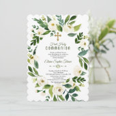 Moderne witte bloemenkrans Eerste Heilige Communie Kaart (Staand voorkant)