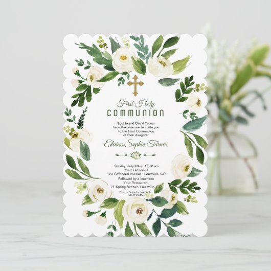 Moderne witte bloemenkrans Eerste Heilige Communie Kaart (Staand voorkant)