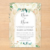 Moderne witte bloementuin Spaans geslacht onthulle Acryl Uitnodigingen (Voorkant)