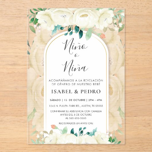 Moderne witte bloementuin Spaans geslacht onthulle Acryl Uitnodigingen (Voorkant)