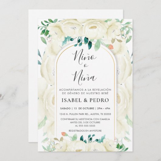 Moderne witte bloementuin Spaans geslacht onthulle Kaart (Voorkant / Achterkant)