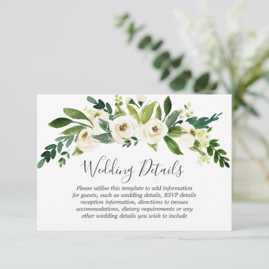 Moderne Witte Bloemige Botanische Trouwdetails Informatiekaartje (Staand voorkant)