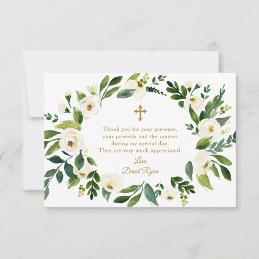Moderne witte bloemkranst Doopfeest Bedankkaart (Voorkant)