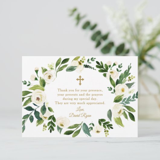 Moderne witte bloemkranst Doopfeest Bedankkaart (Staand voorkant)