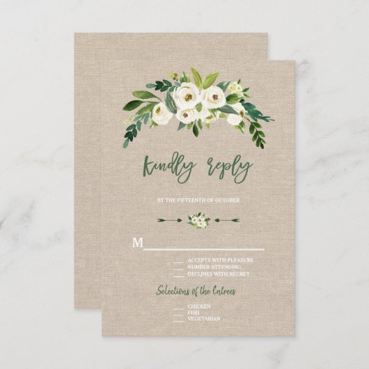 Moderne witte bloemrijke jute handgeschreven RSVP (Voorkant / Achterkant)