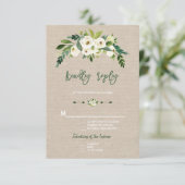 Moderne witte bloemstukken jute handschrift RSVP Kaartje (Staand voorkant)