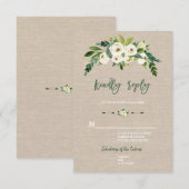 Moderne witte bloemstukken jute handschrift RSVP Kaartje (Voorkant / Achterkant)