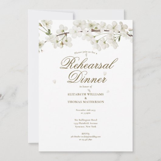 Moderne witte bloesem bloemencursus diner kaart (Voorkant)