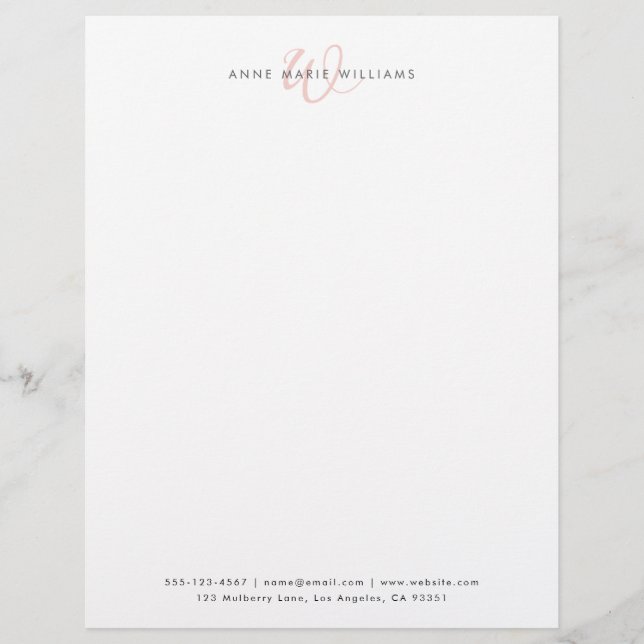 Moderne Witte Blush Roze Script Monogram Briefhoofd (Voorkant)