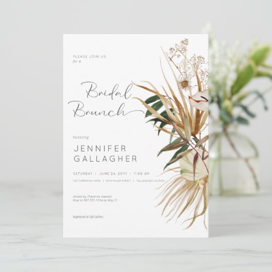 Moderne Witte Boho Gedroogde Bloemen Bruidsbrunch Kaart (Staand voorkant)