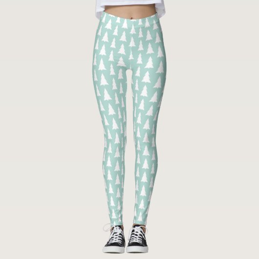 Moderne witte bomen op Mint Green Geometric Patter Leggings (Voorkant)