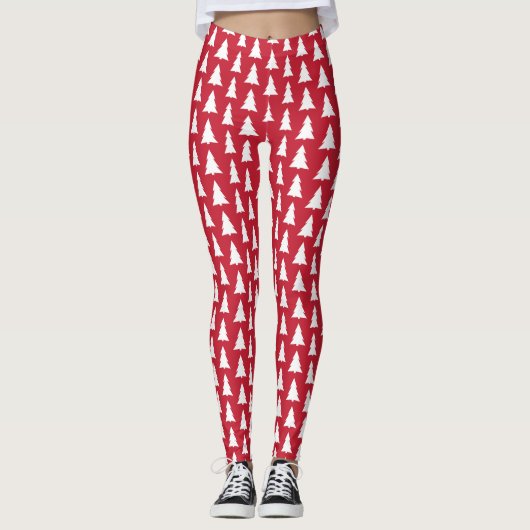 Moderne witte bomen op rood kerstpatroon leggings (Voorkant)