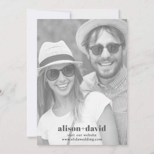 Moderne witte boog en foto zwarte bruiloft save the date (Achterkant)