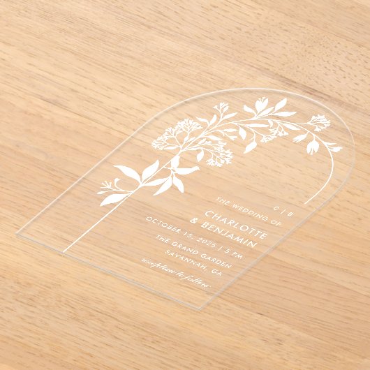 Moderne Witte Botanische Boog Wedding Acryl Uitnodigingen (Laagn)