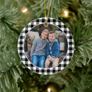 Moderne witte buffelruit Kerstmis familiefoto Keramisch Ornament