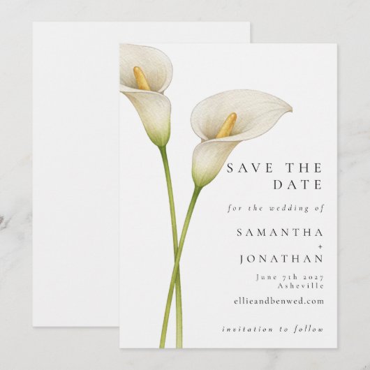 Moderne Witte Calla Lelie Bloem Bruiloft Save The Date (Voorkant / Achterkant)