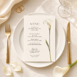 Moderne witte Calla-lelie Minimalistische trouwmen Menu