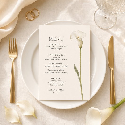 Moderne witte Calla-lelie Minimalistische trouwmen Menu