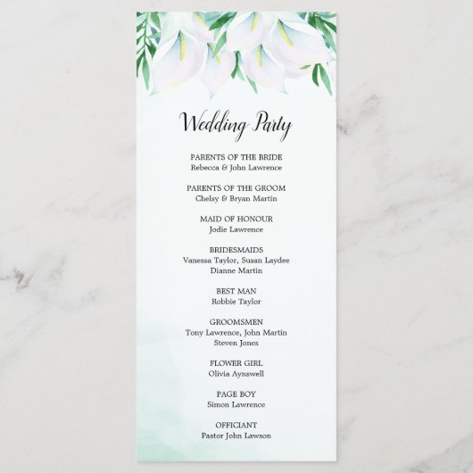 Moderne witte Calla Lily Floral bruiloft ceremonie Programmakaart (Achterkant)