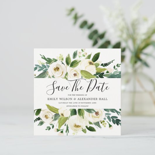 Moderne Witte Crème Champagne Bloemachtige Bruilof Save The Date (Staand voorkant)