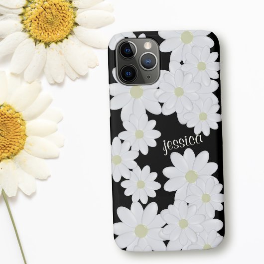 Moderne Witte Daisy Bloem Patroon Naam Zwart Case-Mate iPhone Case