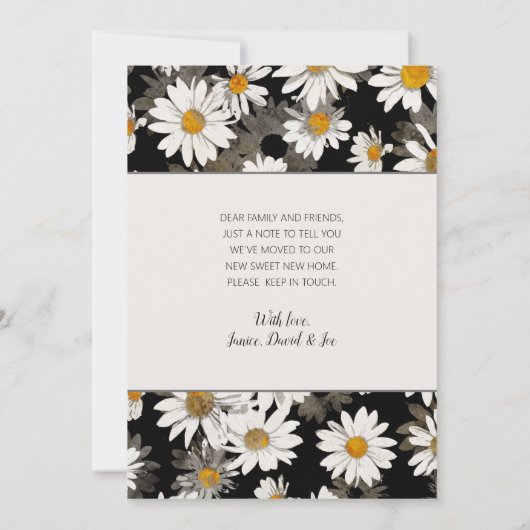 Moderne witte daisy op zwarte bloemen bewegende Ka Aankondiging (Achterkant)