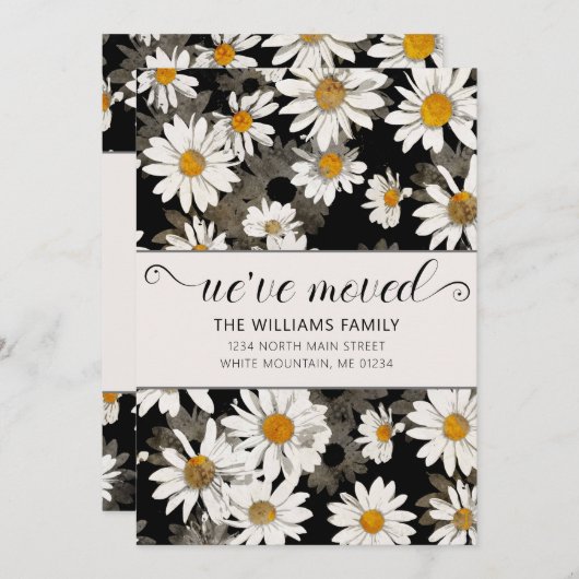 Moderne witte daisy op zwarte bloemen bewegende Ka Aankondiging (Voorkant / Achterkant)