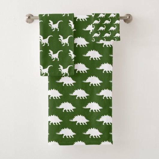 Moderne witte dinosaurussen en donkergroen bad handdoek (Insitu)