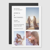 Moderne Witte Drie Foto's Collage sparen de Datum Magnetische Uitnodiging (Voorkant / Achterkant)