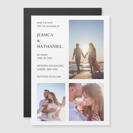 Moderne Witte Drie Foto's Collage sparen de Datum Magnetische Uitnodiging (Voorkant / Achterkant)