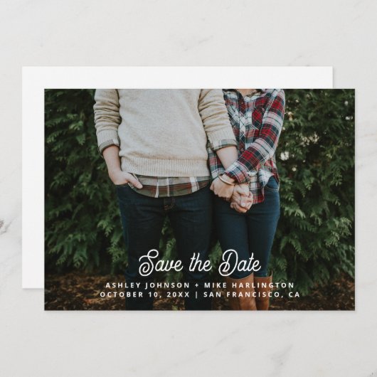 Moderne witte eenvoudige script typografie bruilof save the date (Voorkant / Achterkant)