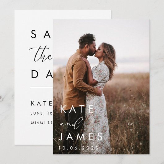 Moderne witte elegante foto bruiloft save the date (Voorkant / Achterkant)