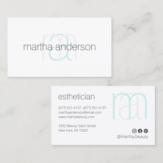 Moderne witte elegante monogram esthetische salon visitekaartje (Voorkant / Achterkant)