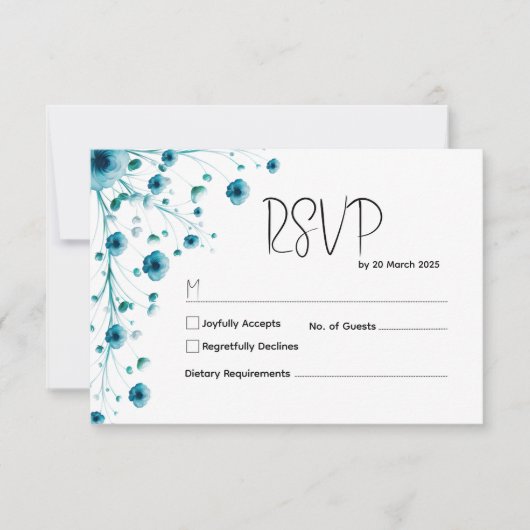 Moderne witte en blauwe bloemen bruiloft RSVP kaartje (Voorkant)