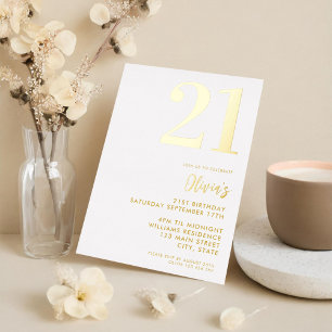 Moderne witte en gouden elegante 21e verjaardag folie uitnodiging