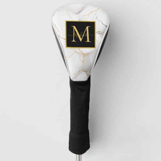 Moderne witte en gouden gemarmerde monogramnaam golfheadcover (Voorkant)