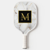 Moderne witte en gouden gemarmerde monogramnaam pickleball paddle (Achterkant)