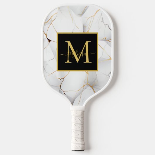Moderne witte en gouden gemarmerde monogramnaam pickleball paddle (Voorkant)