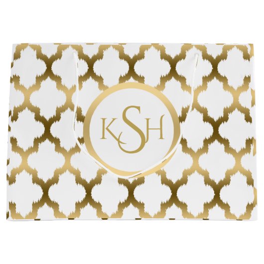 Moderne witte en gouden Ikat Quatrefoil Patroon Groot Cadeauzakje (Voorkant)