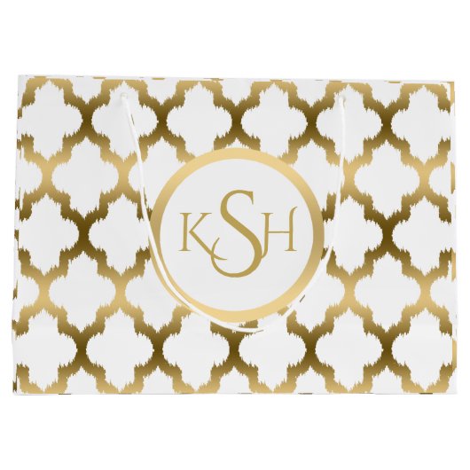 Moderne witte en gouden Ikat Quatrefoil Patroon Groot Cadeauzakje (Achterkant)