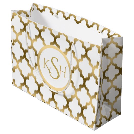 Moderne witte en gouden Ikat Quatrefoil Patroon Groot Cadeauzakje (Achterkant Gekanteld)