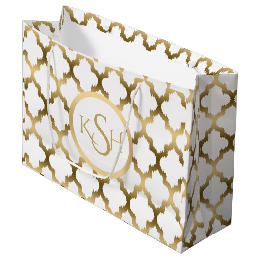 Moderne witte en gouden Ikat Quatrefoil Patroon Groot Cadeauzakje (Voorkant Gekanteld)